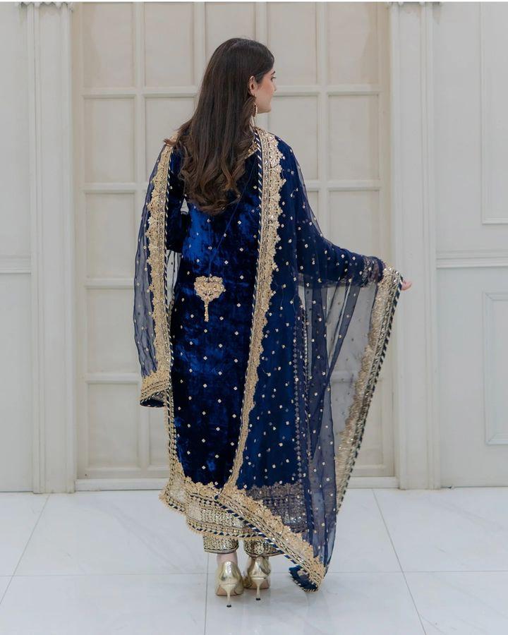 Party Wear Blue Color Velvet With Embroidery Sequence Designer Salwar Suit