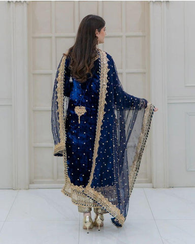 Party Wear Blue Color Velvet With Embroidery Sequence Designer Salwar Suit