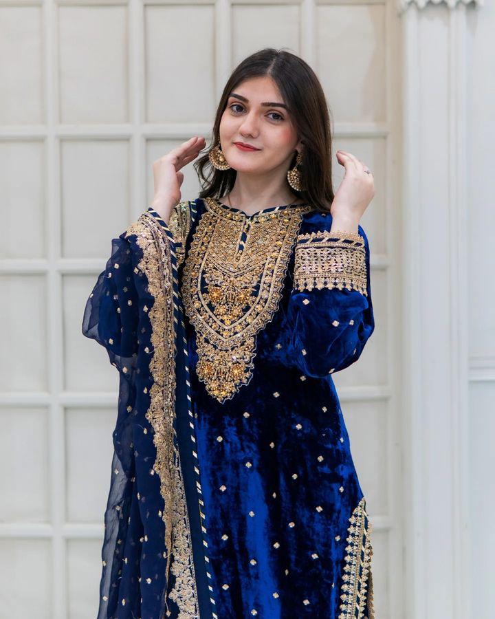 Party Wear Blue Color Velvet With Embroidery Sequence Designer Salwar Suit