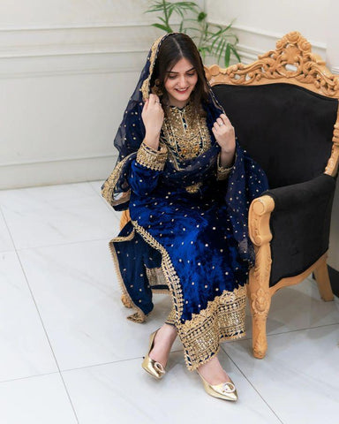 Party Wear Blue Color Velvet With Embroidery Sequence Designer Salwar Suit