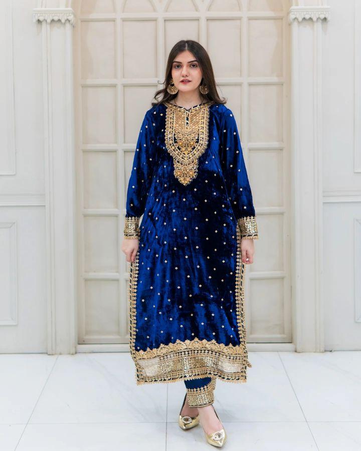 Party Wear Blue Color Velvet With Embroidery Sequence Designer Salwar Suit