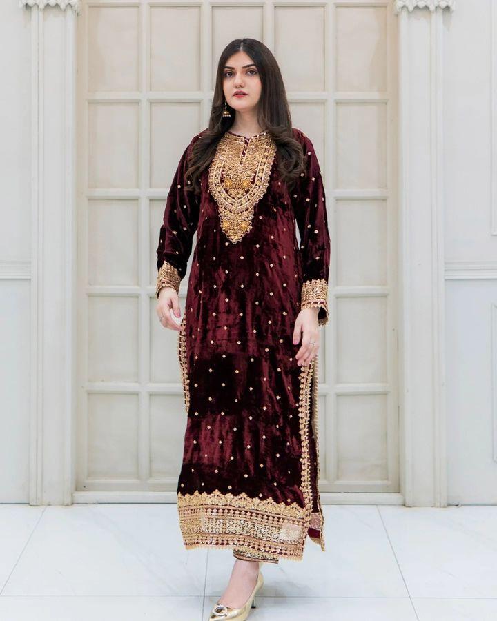 Party Wear Maroon Color Velvet With Embroidery Sequence Designer Salwar Suit