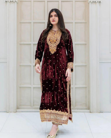 Party Wear Maroon Color Velvet With Embroidery Sequence Designer Salwar Suit