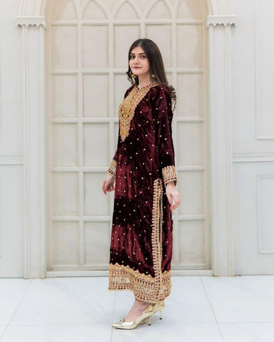 Party Wear Maroon Color Velvet With Embroidery Sequence Designer Salwar Suit