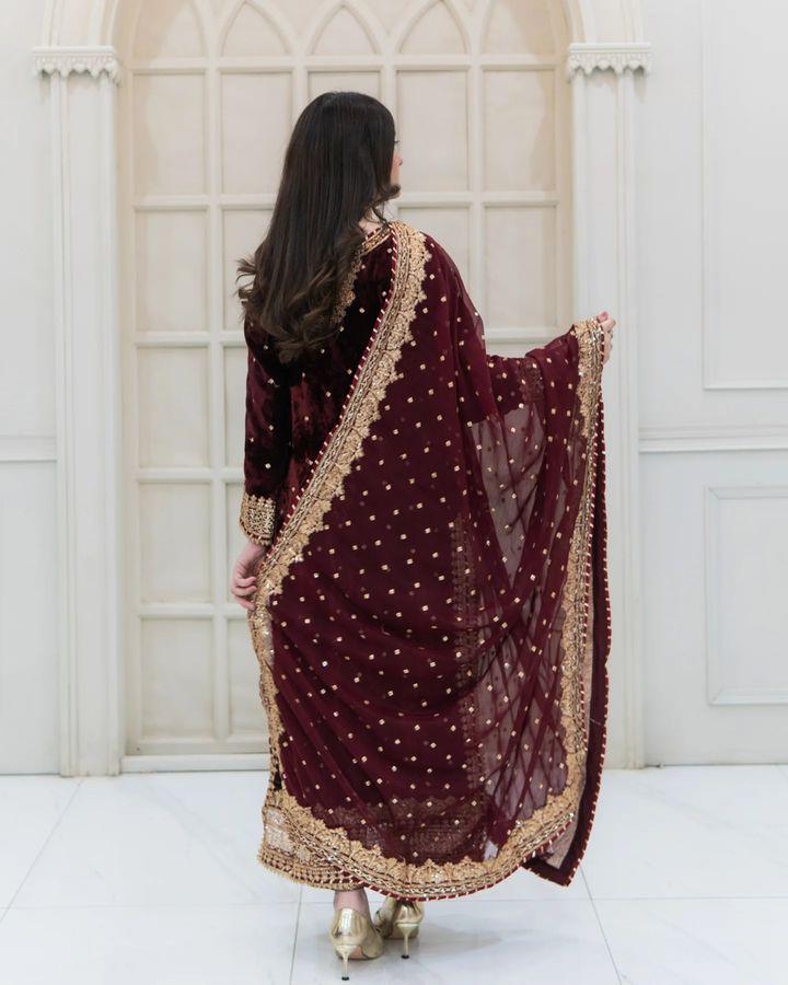 Party Wear Maroon Color Velvet With Embroidery Sequence Designer Salwar Suit