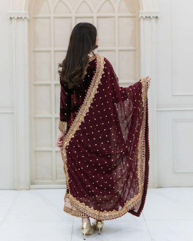 Party Wear Maroon Color Velvet With Embroidery Sequence Designer Salwar Suit
