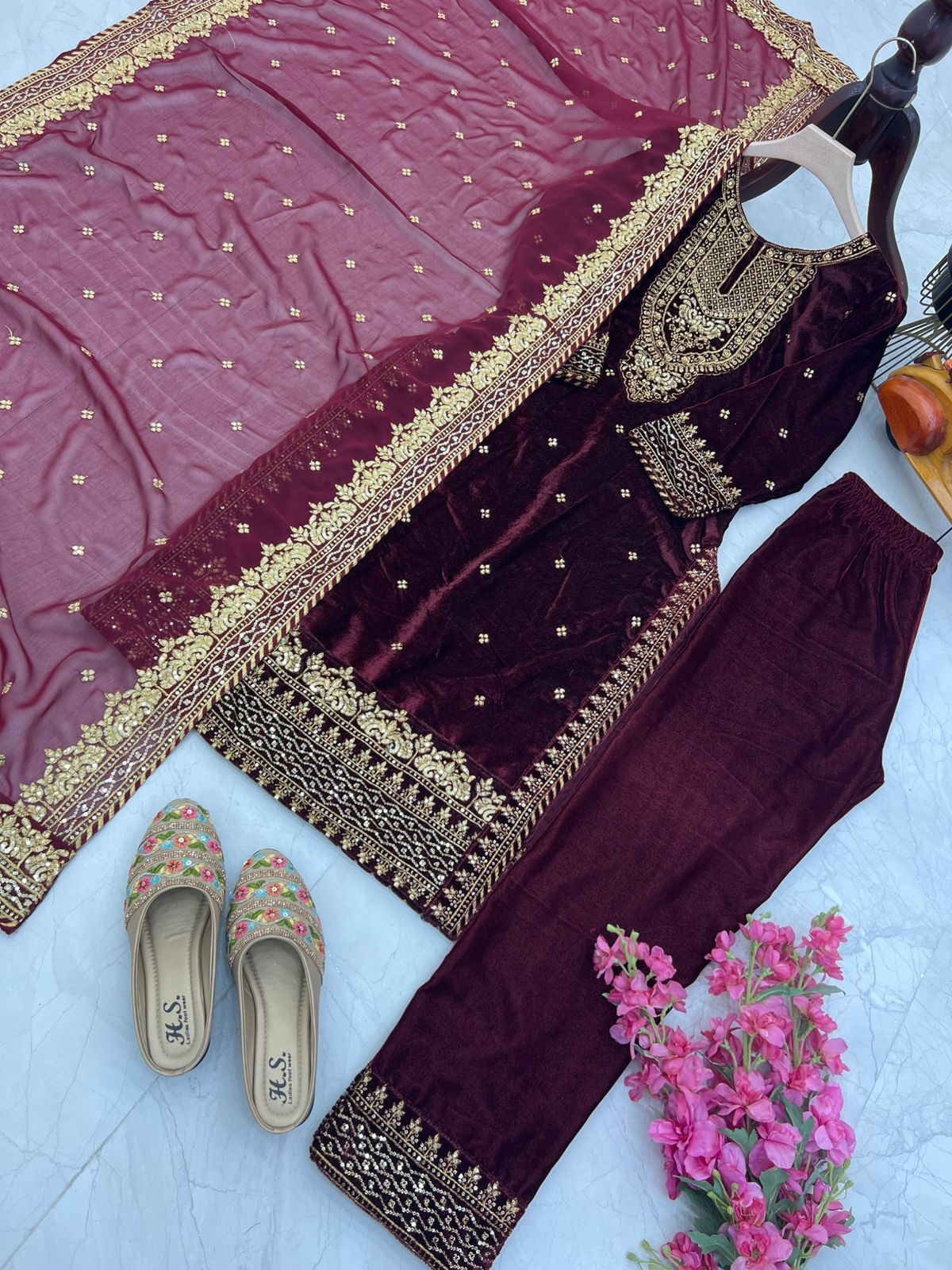 Party Wear Maroon Color Velvet With Embroidery Sequence Designer Salwar Suit