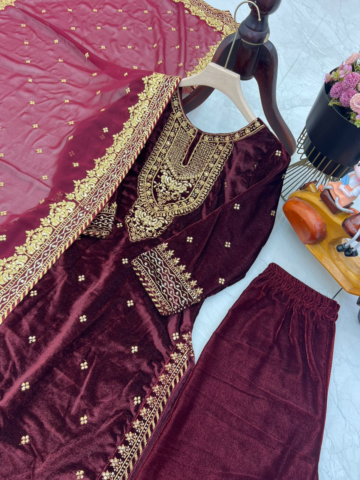 Party Wear Maroon Color Velvet With Embroidery Sequence Designer Salwar Suit
