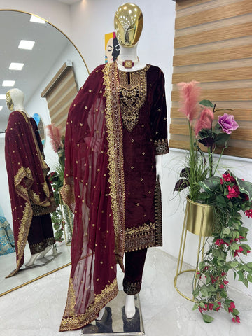 Party Wear Maroon Color Velvet With Embroidery Sequence Designer Salwar Suit