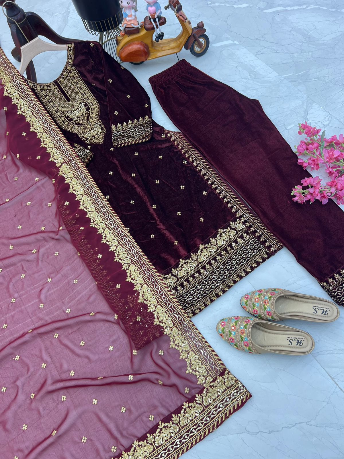 Party Wear Maroon Color Velvet With Embroidery Sequence Designer Salwar Suit