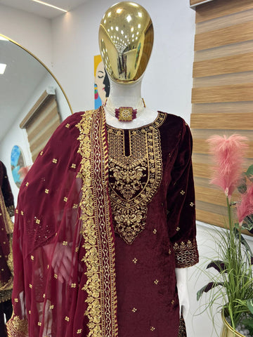 Party Wear Maroon Color Velvet With Embroidery Sequence Designer Salwar Suit