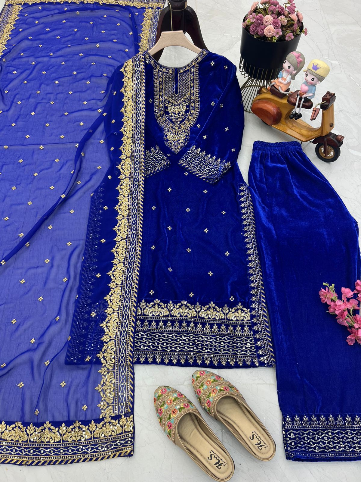 Party Wear Blue Color Velvet With Embroidery Sequence Designer Salwar Suit