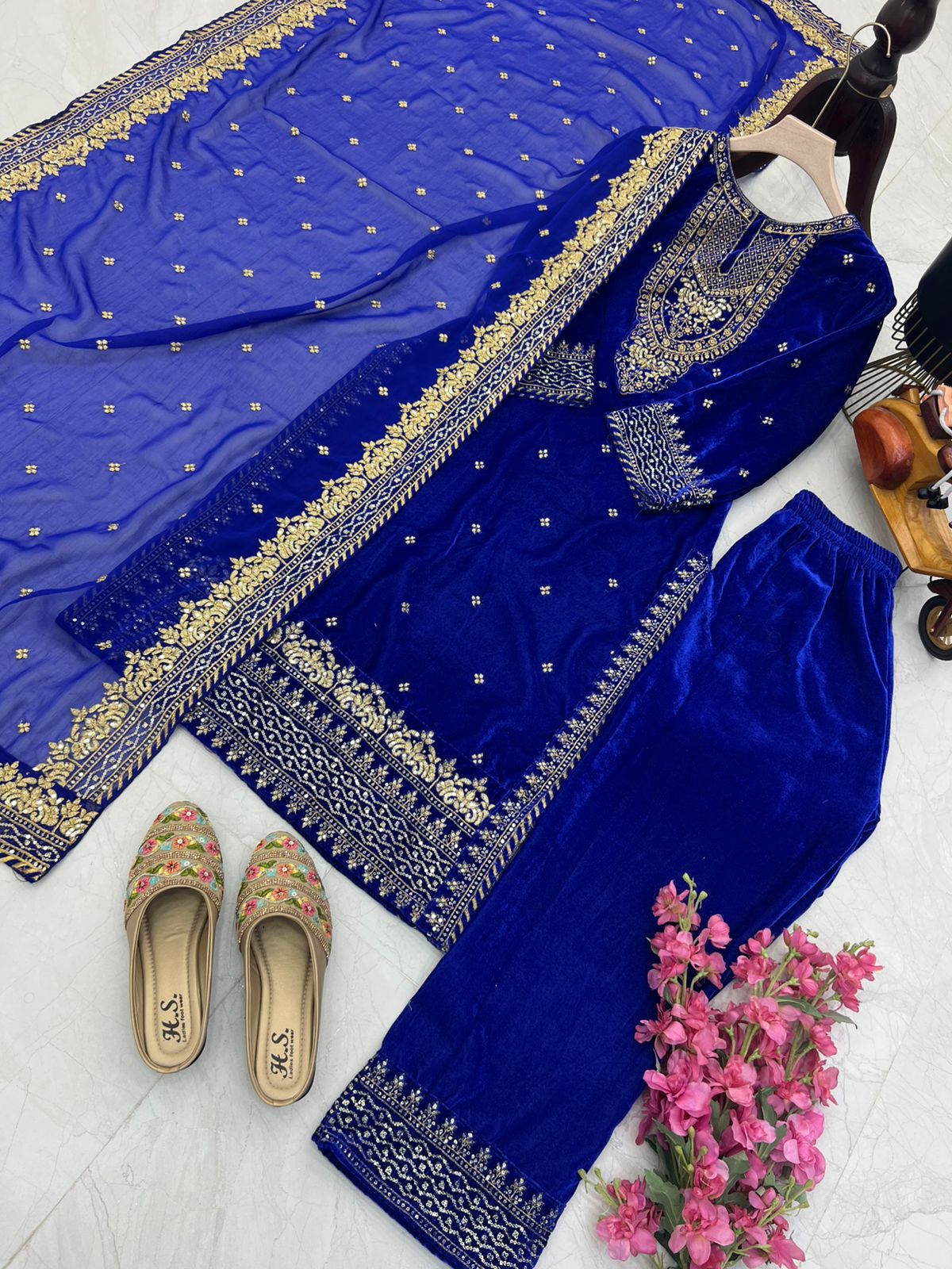Party Wear Blue Color Velvet With Embroidery Sequence Designer Salwar Suit