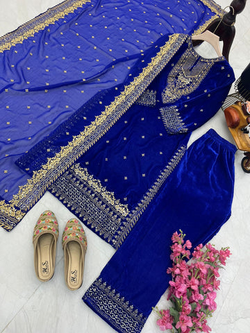 Party Wear Blue Color Velvet With Embroidery Sequence Designer Salwar Suit