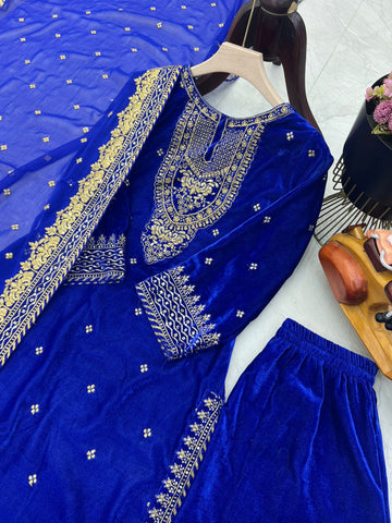 Party Wear Blue Color Velvet With Embroidery Sequence Designer Salwar Suit