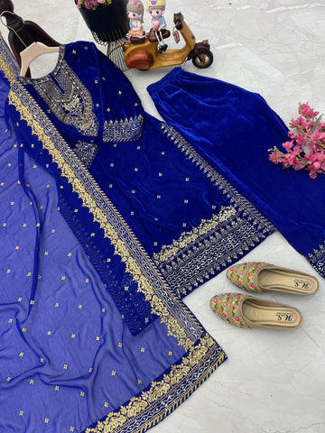Party Wear Blue Color Velvet With Embroidery Sequence Designer Salwar Suit