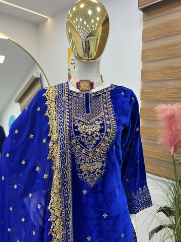 Party Wear Blue Color Velvet With Embroidery Sequence Designer Salwar Suit