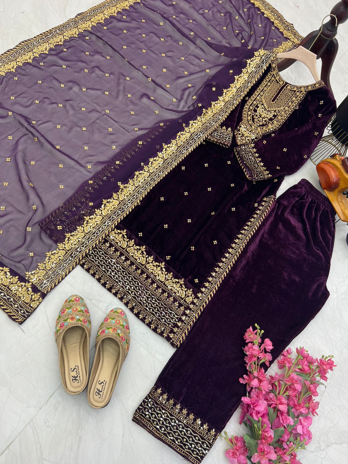 Party Wear Wine Color Velvet With Embroidery Sequence Designer Salwar Suit