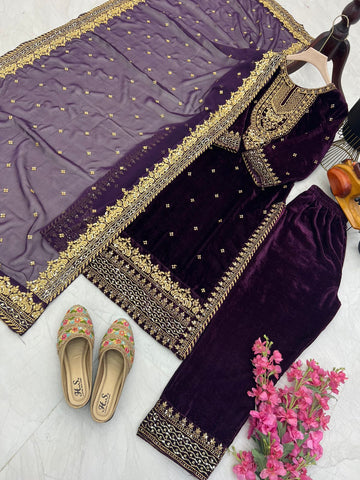 Party Wear Wine Color Velvet With Embroidery Sequence Designer Salwar Suit