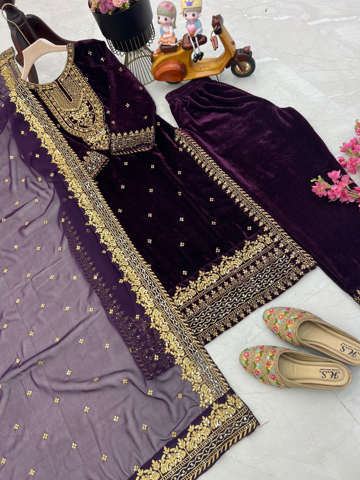 Party Wear Wine Color Velvet With Embroidery Sequence Designer Salwar Suit