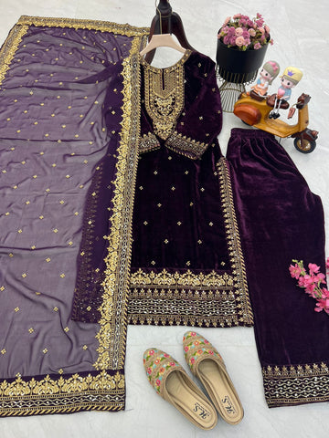 Party Wear Wine Color Velvet With Embroidery Sequence Designer Salwar Suit