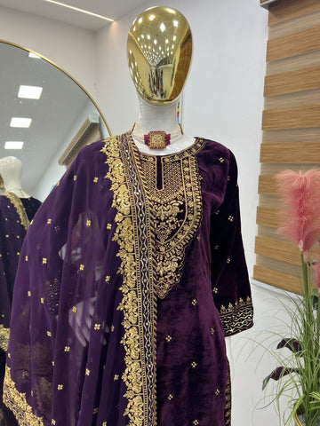 Party Wear Wine Color Velvet With Embroidery Sequence Designer Salwar Suit