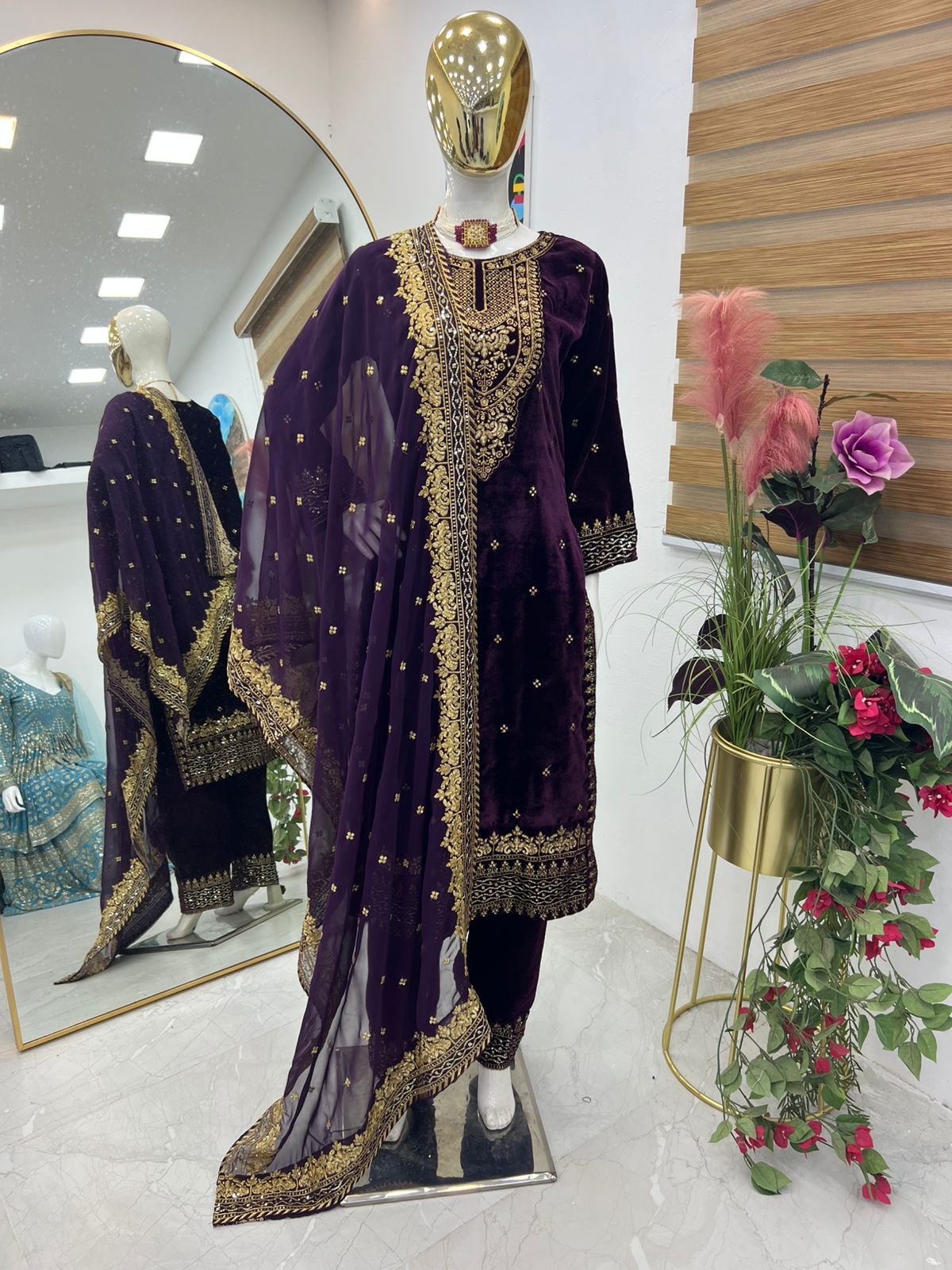 Party Wear Wine Color Velvet With Embroidery Sequence Designer Salwar Suit