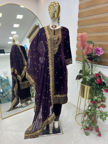 Party Wear Wine Color Velvet With Embroidery Sequence Designer Salwar Suit