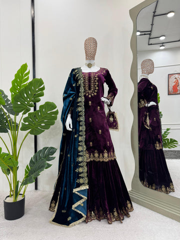 Wedding Wear Purple Color Viscos Velvet And Thread With Sequence Work Designer Sharara Suit