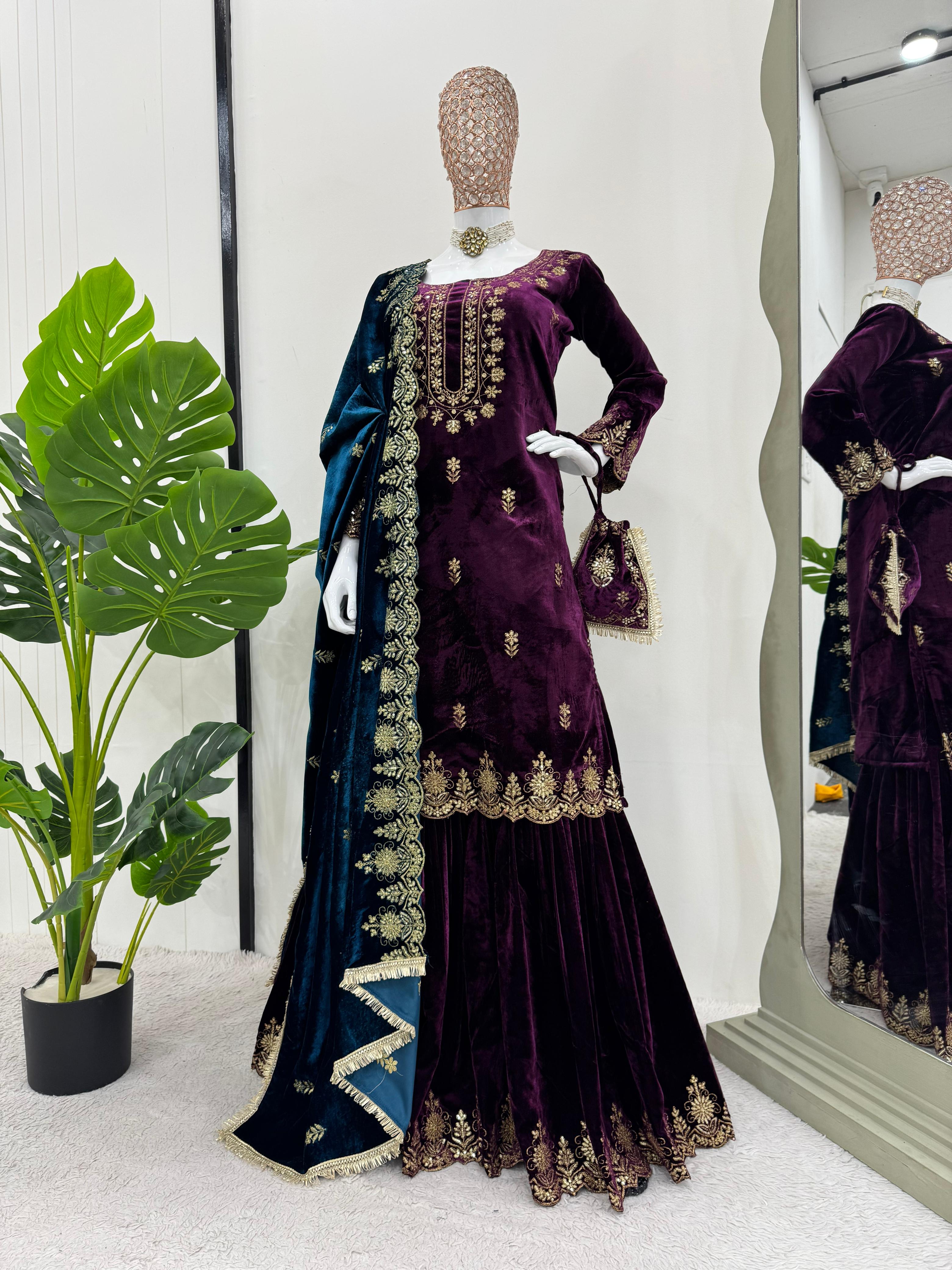 Wedding Wear Purple Color Viscos Velvet And Thread With Sequence Work Designer Sharara Suit