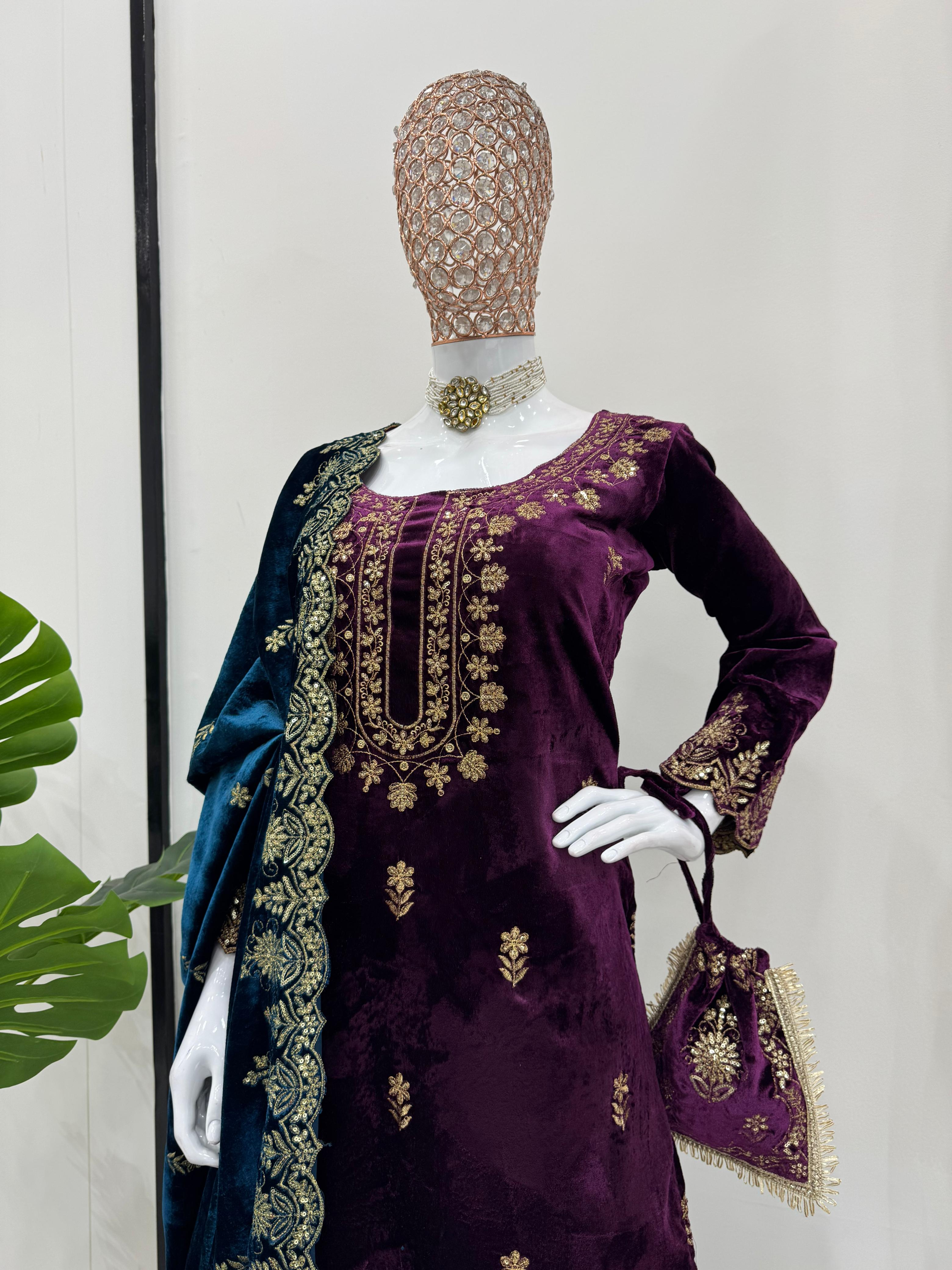 Wedding Wear Purple Color Viscos Velvet And Thread With Sequence Work Designer Sharara Suit