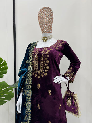 Wedding Wear Purple Color Viscos Velvet And Thread With Sequence Work Designer Sharara Suit