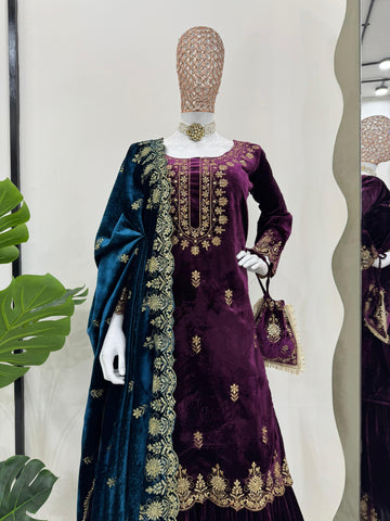 Wedding Wear Purple Color Viscos Velvet And Thread With Sequence Work Designer Sharara Suit