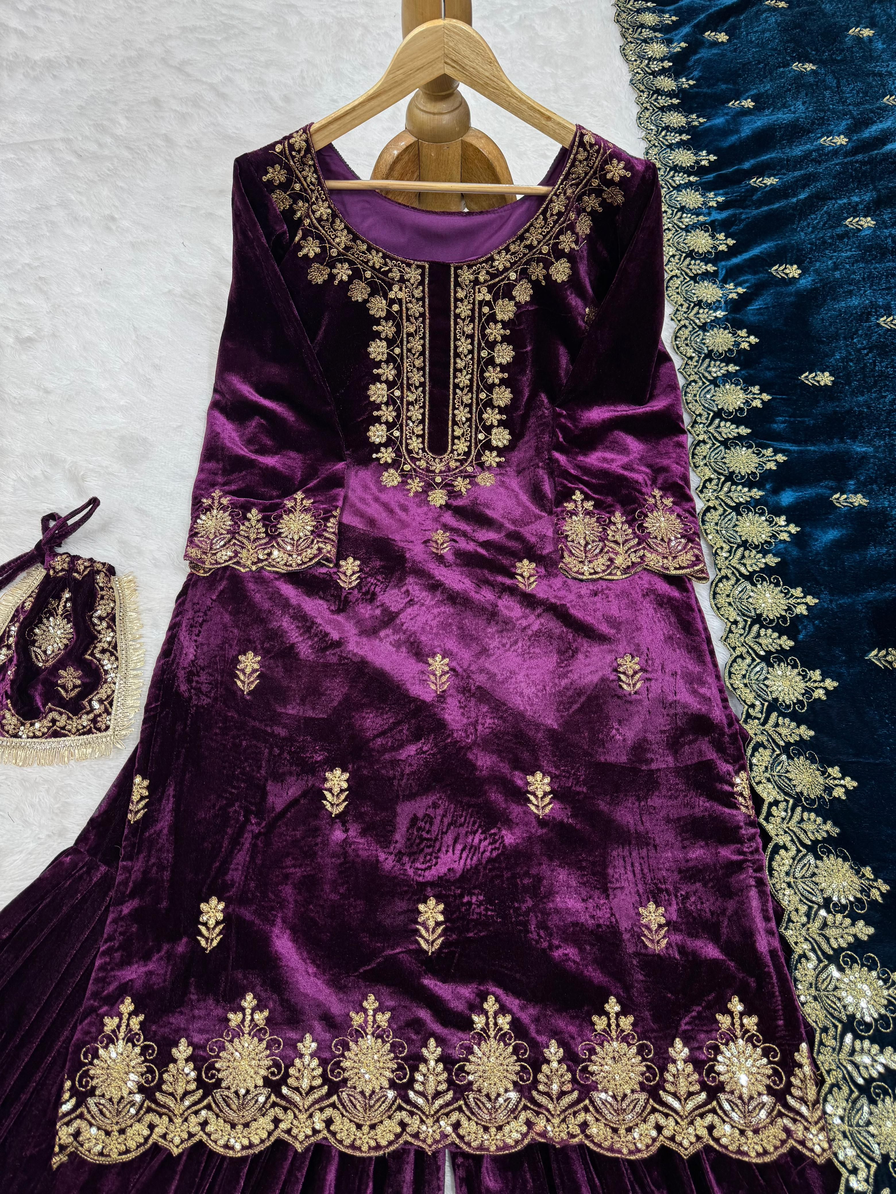 Wedding Wear Purple Color Viscos Velvet And Thread With Sequence Work Designer Sharara Suit