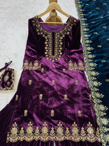 Wedding Wear Purple Color Viscos Velvet And Thread With Sequence Work Designer Sharara Suit