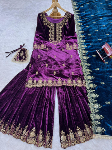 Wedding Wear Purple Color Viscos Velvet And Thread With Sequence Work Designer Sharara Suit
