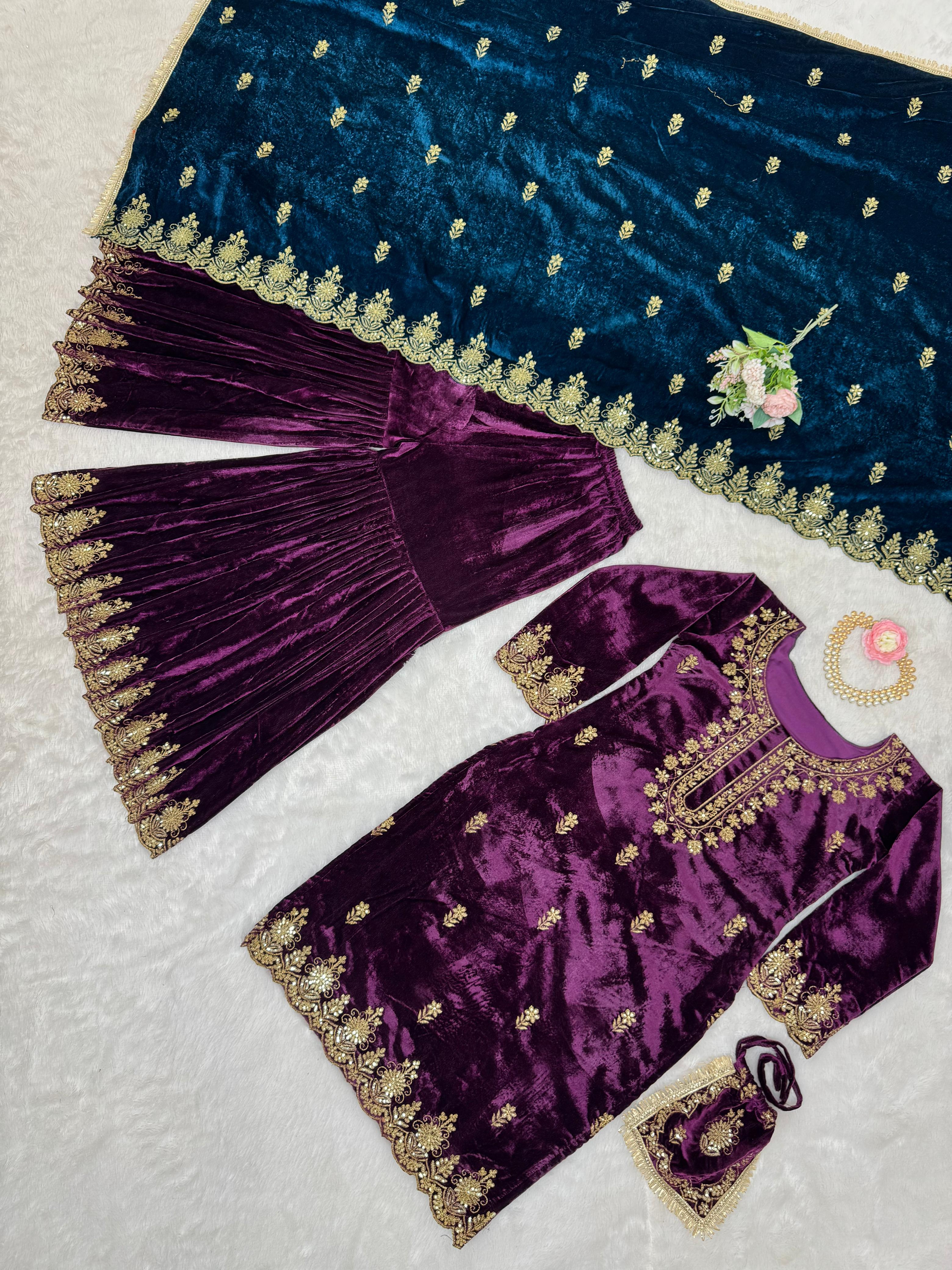 Wedding Wear Purple Color Viscos Velvet And Thread With Sequence Work Designer Sharara Suit