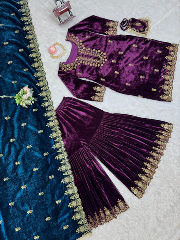 Wedding Wear Purple Color Viscos Velvet And Thread With Sequence Work Designer Sharara Suit