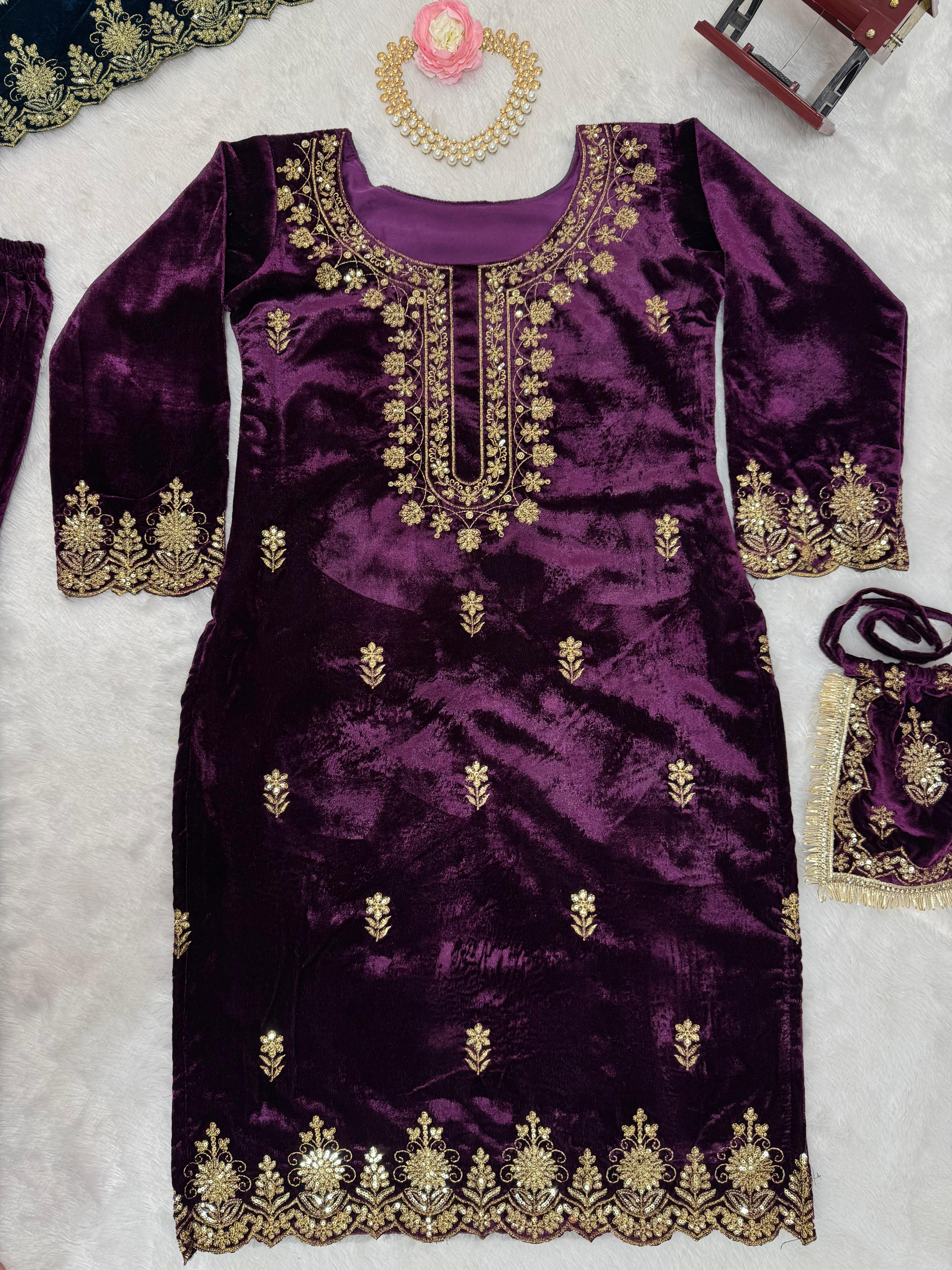 Wedding Wear Purple Color Viscos Velvet And Thread With Sequence Work Designer Sharara Suit