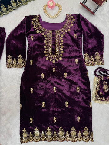 Wedding Wear Purple Color Viscos Velvet And Thread With Sequence Work Designer Sharara Suit