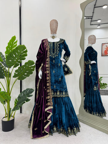 Wedding Wear Sky Blue Color Viscos Velvet And Thread With Sequence Work Designer Sharara Suit