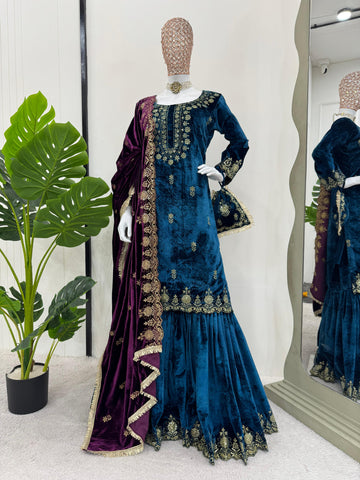 Wedding Wear Sky Blue Color Viscos Velvet And Thread With Sequence Work Designer Sharara Suit
