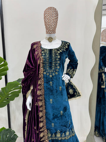 Wedding Wear Sky Blue Color Viscos Velvet And Thread With Sequence Work Designer Sharara Suit