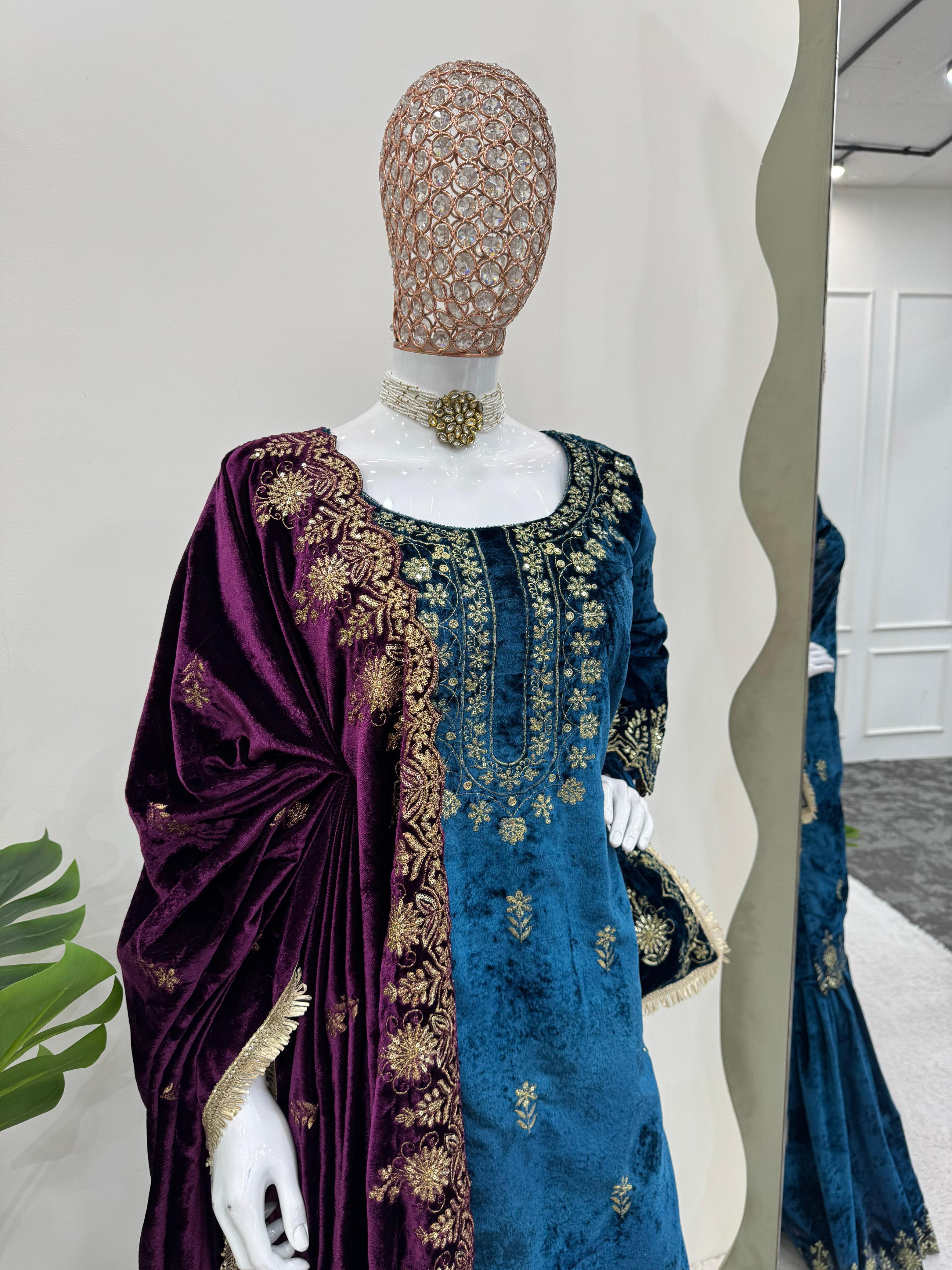 Wedding Wear Sky Blue Color Viscos Velvet And Thread With Sequence Work Designer Sharara Suit