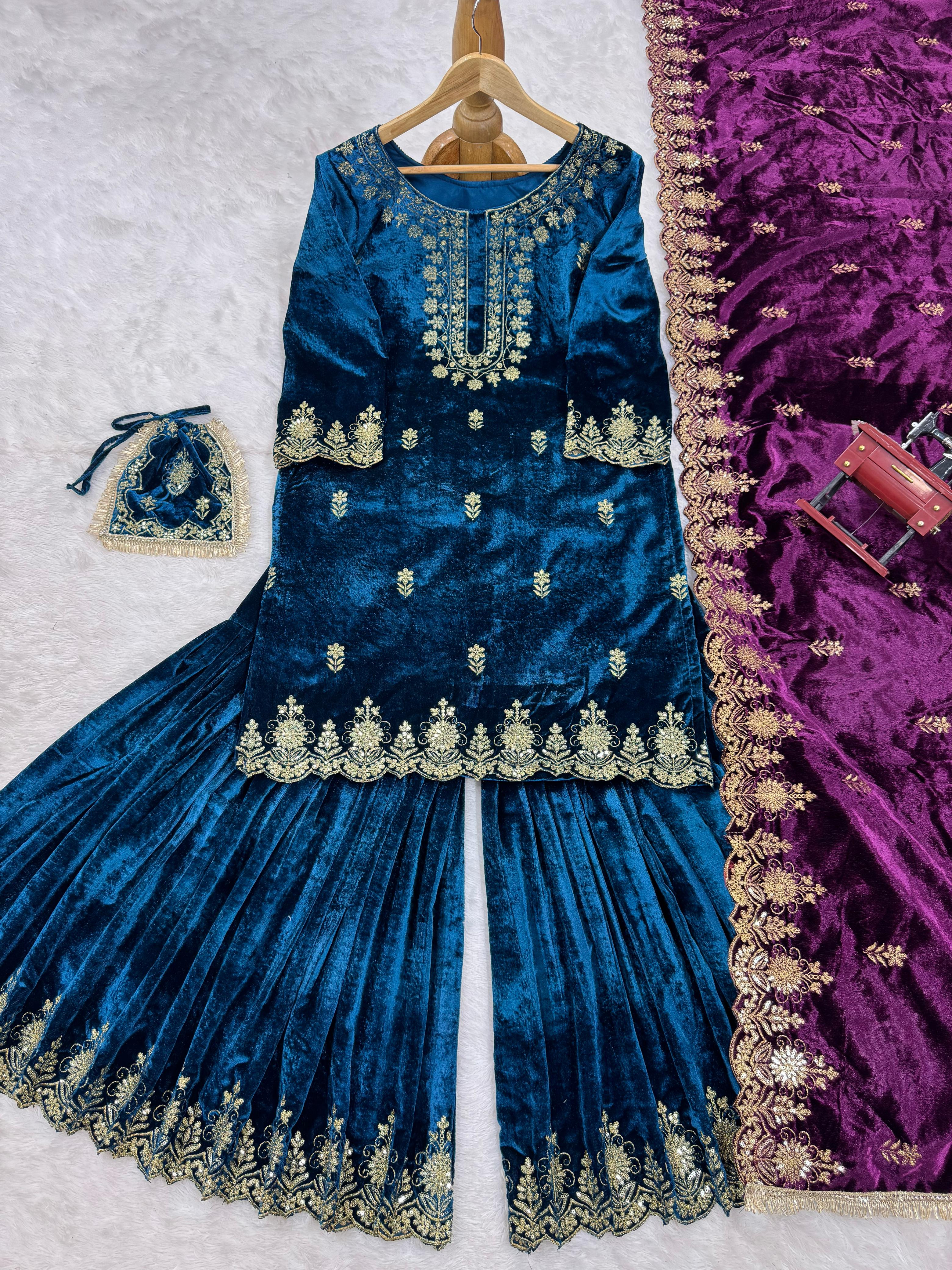 Wedding Wear Sky Blue Color Viscos Velvet And Thread With Sequence Work Designer Sharara Suit
