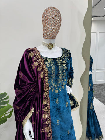 Wedding Wear Sky Blue Color Viscos Velvet And Thread With Sequence Work Designer Sharara Suit