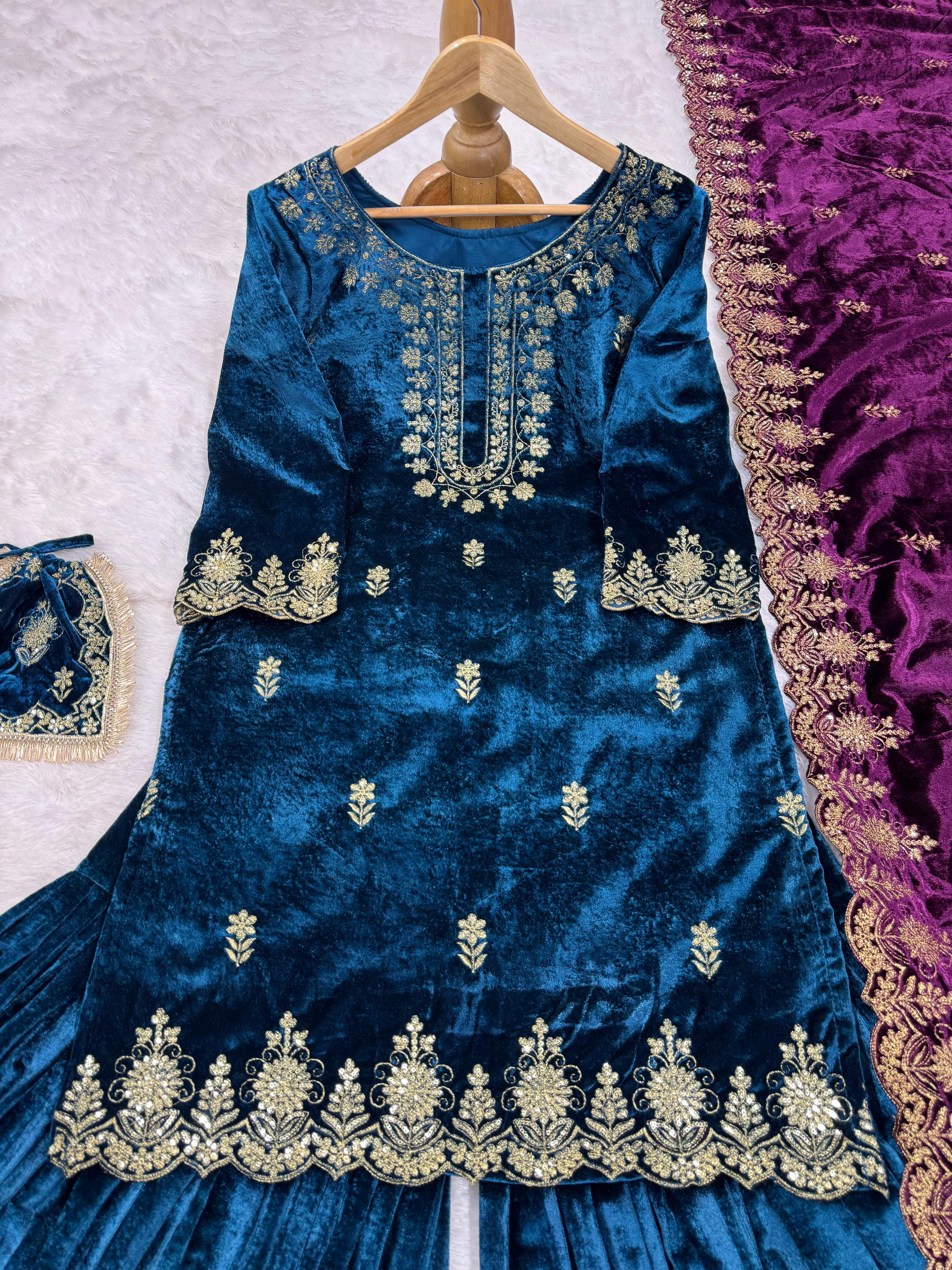 Wedding Wear Sky Blue Color Viscos Velvet And Thread With Sequence Work Designer Sharara Suit