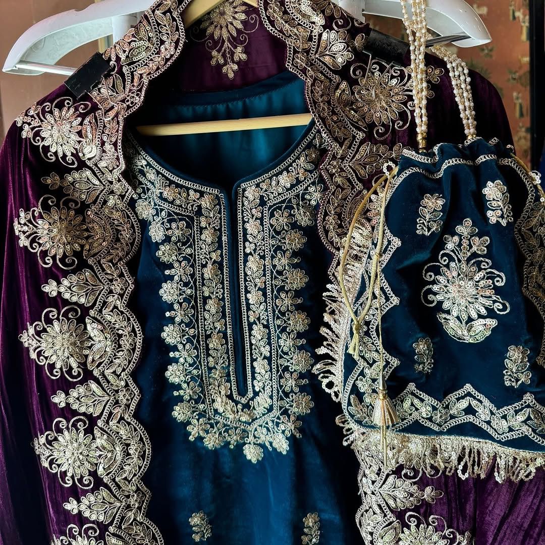 Wedding Wear Sky Blue Color Viscos Velvet And Thread With Sequence Work Designer Sharara Suit
