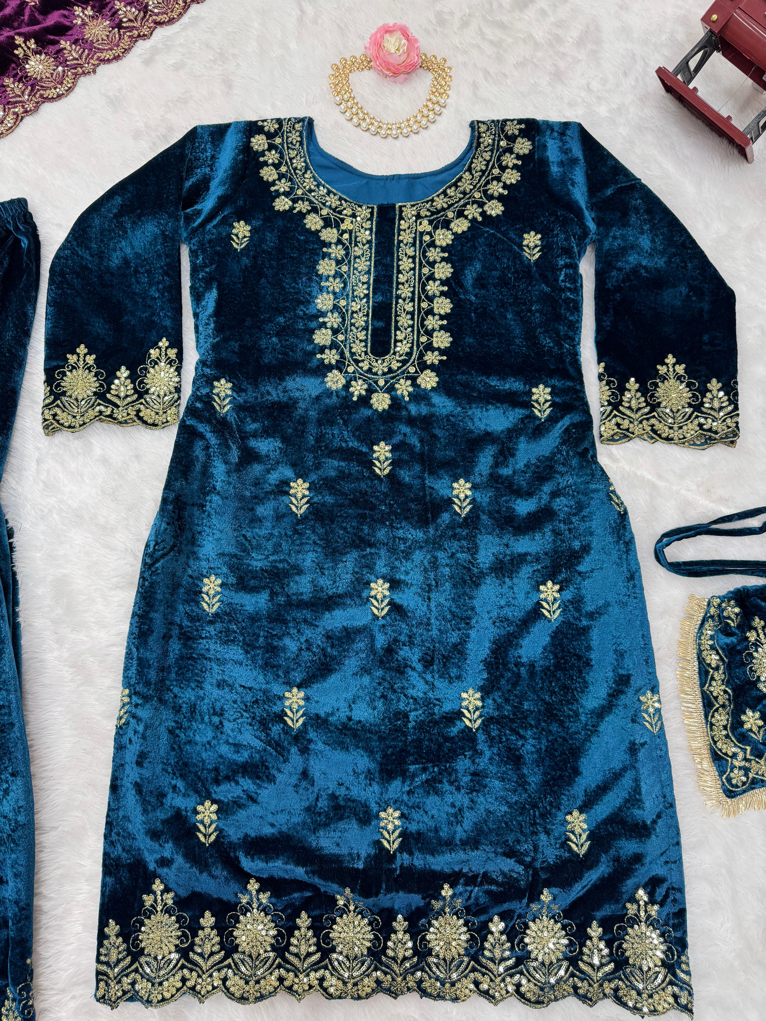 Wedding Wear Sky Blue Color Viscos Velvet And Thread With Sequence Work Designer Sharara Suit