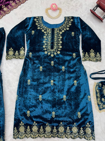 Wedding Wear Sky Blue Color Viscos Velvet And Thread With Sequence Work Designer Sharara Suit